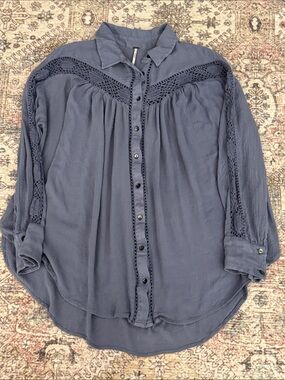 Free People Dusty Indigo Blue Tunic Top with Crochet Detailing
